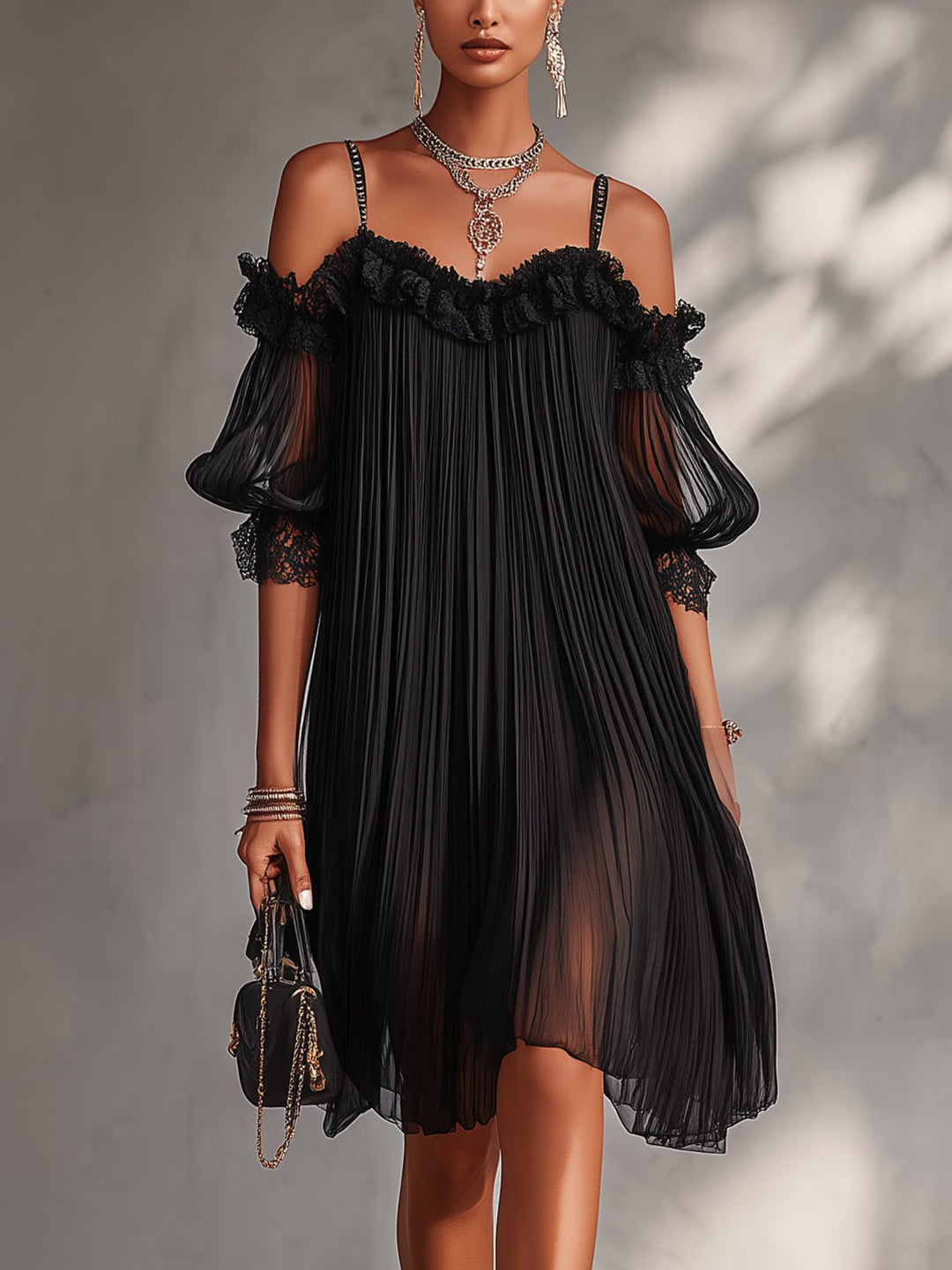 Floriselle | Robe courte mousseline noire épaules dénudées