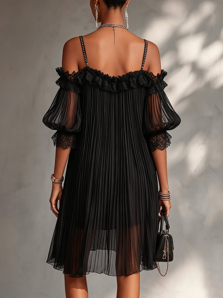 Floriselle | Robe courte mousseline noire épaules dénudées