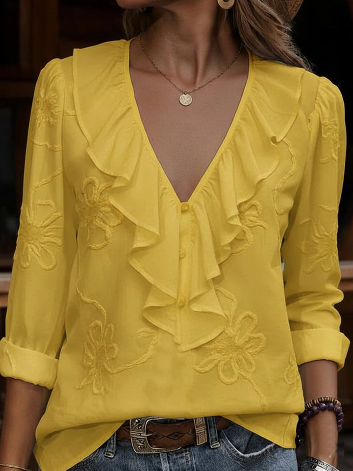 Veronique | Chemise col V volantée broderie florale vintage