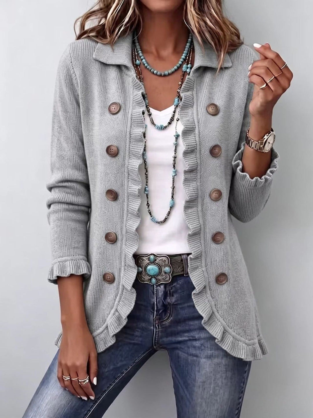 Kathe | Veste volantée tricot côtelé chiné