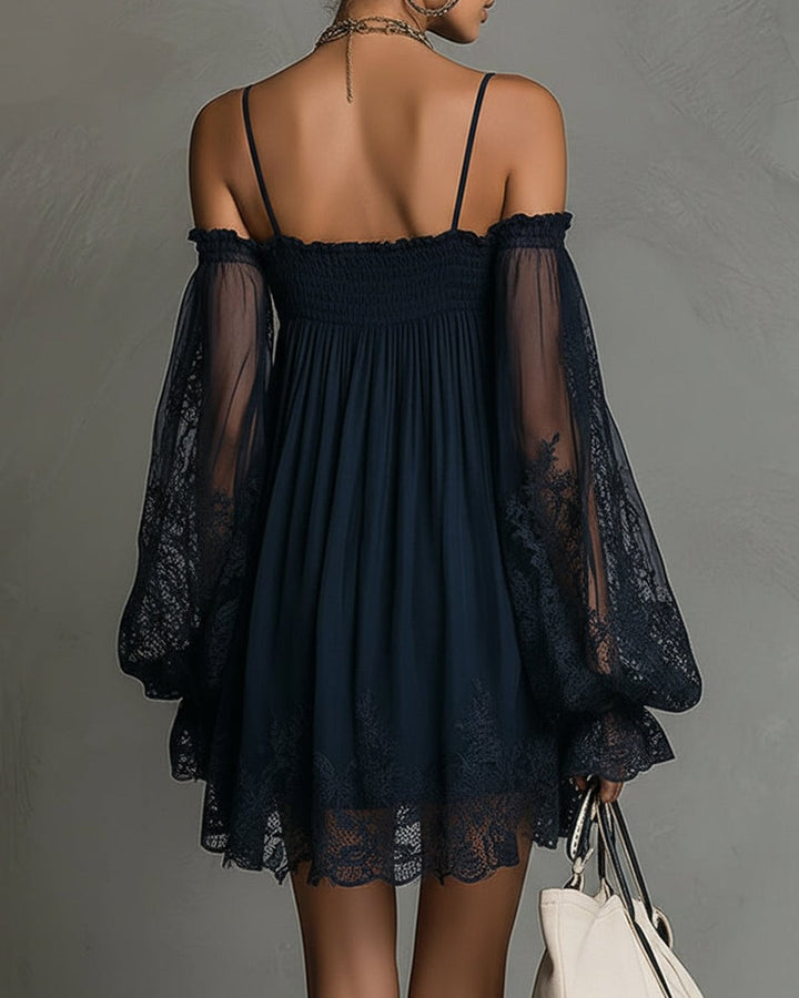 Fernande | Robe mini chiffon dentelle bleu marine
