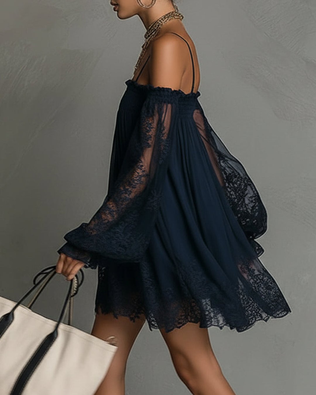 Fernande | Robe mini chiffon dentelle bleu marine