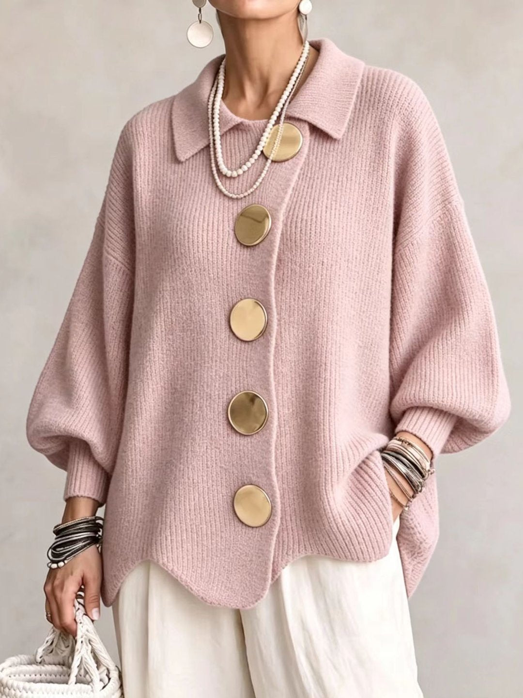 Stefanie | Cardigan ample col gros boutons métal
