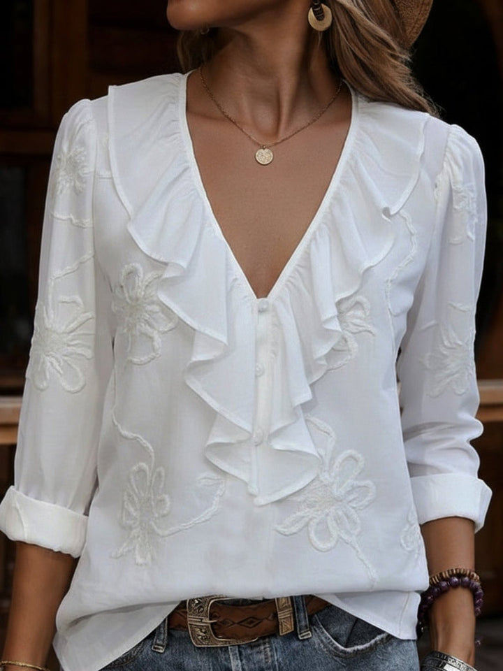 Veronique | Chemise col V volantée broderie florale vintage