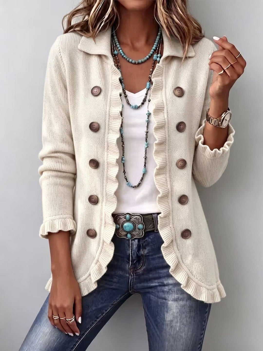 Kassandra | Veste tricot côtelé volant ivoire