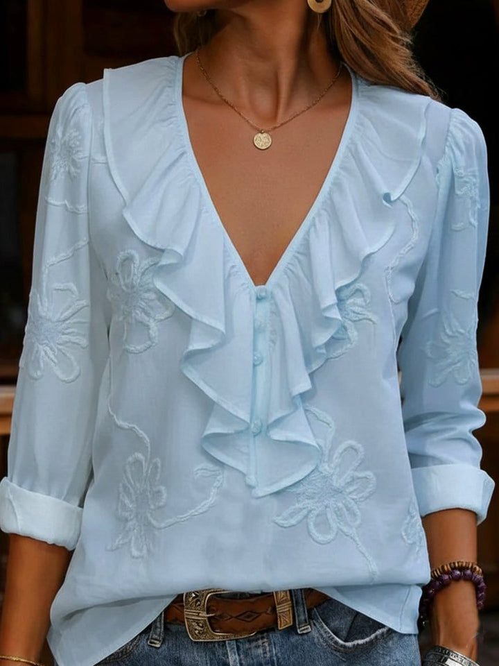 Veronique | Chemise col V volantée broderie florale vintage
