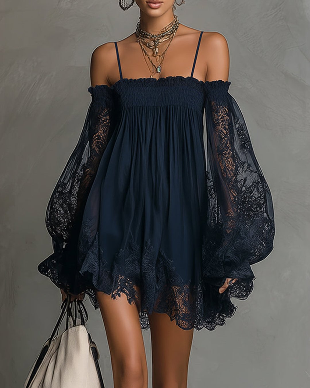 Fernande | Robe mini chiffon dentelle bleu marine