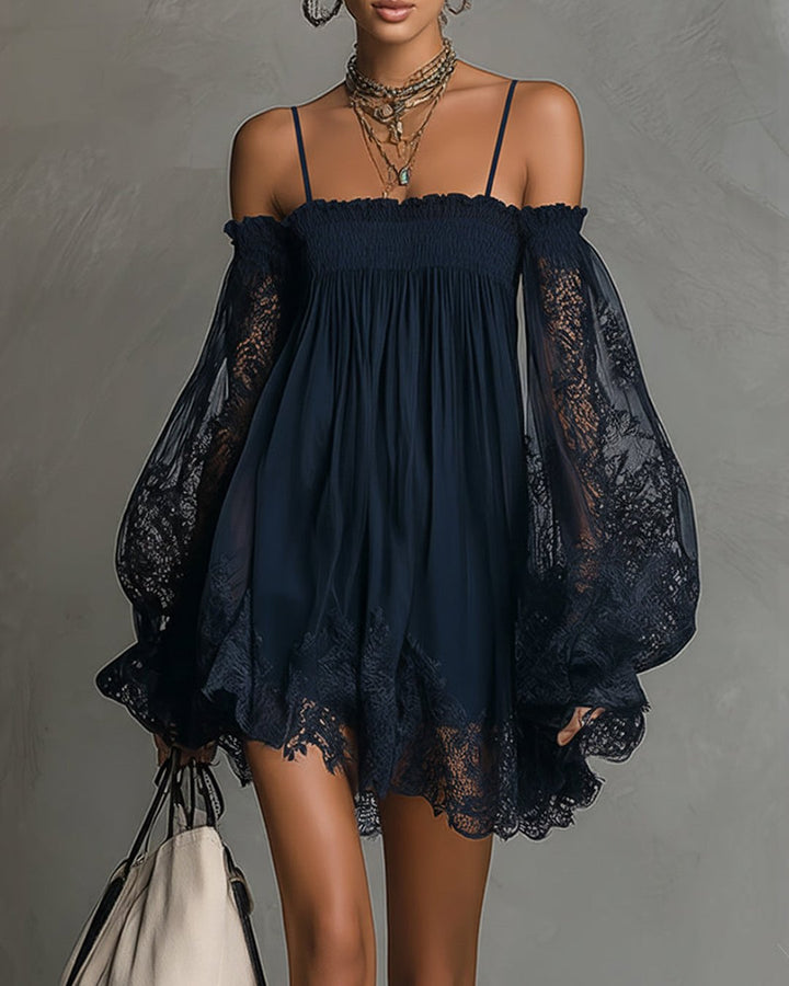 Fernande | Robe mini chiffon dentelle bleu marine