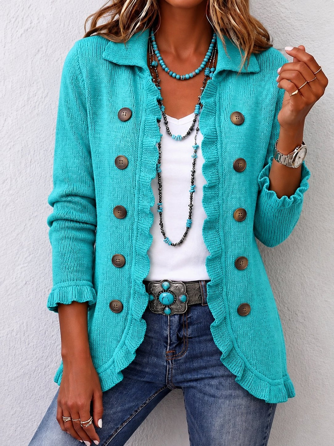 Katrice | Veste turquoise tricot côtelé volant