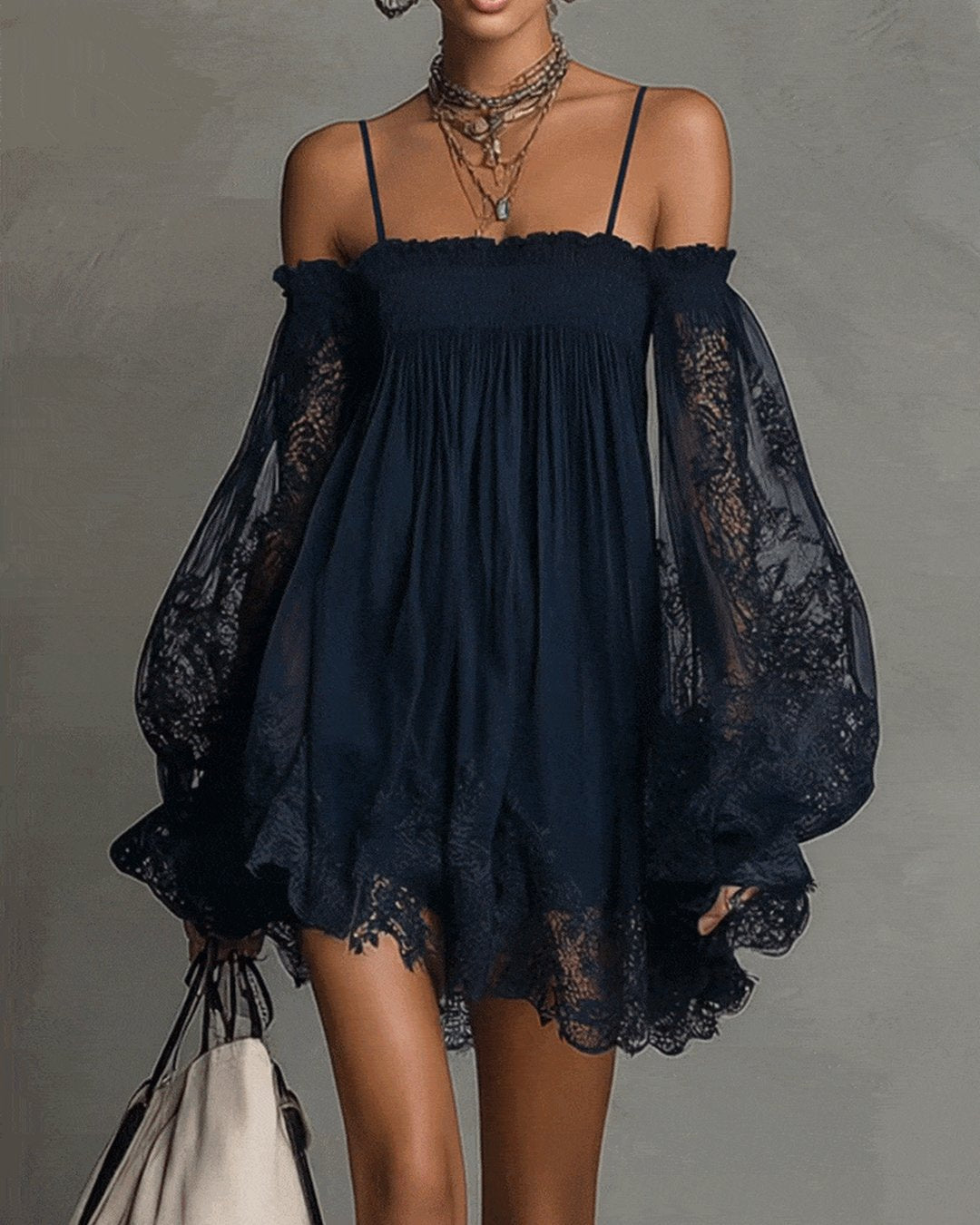 Fernande | Robe mini chiffon dentelle bleu marine