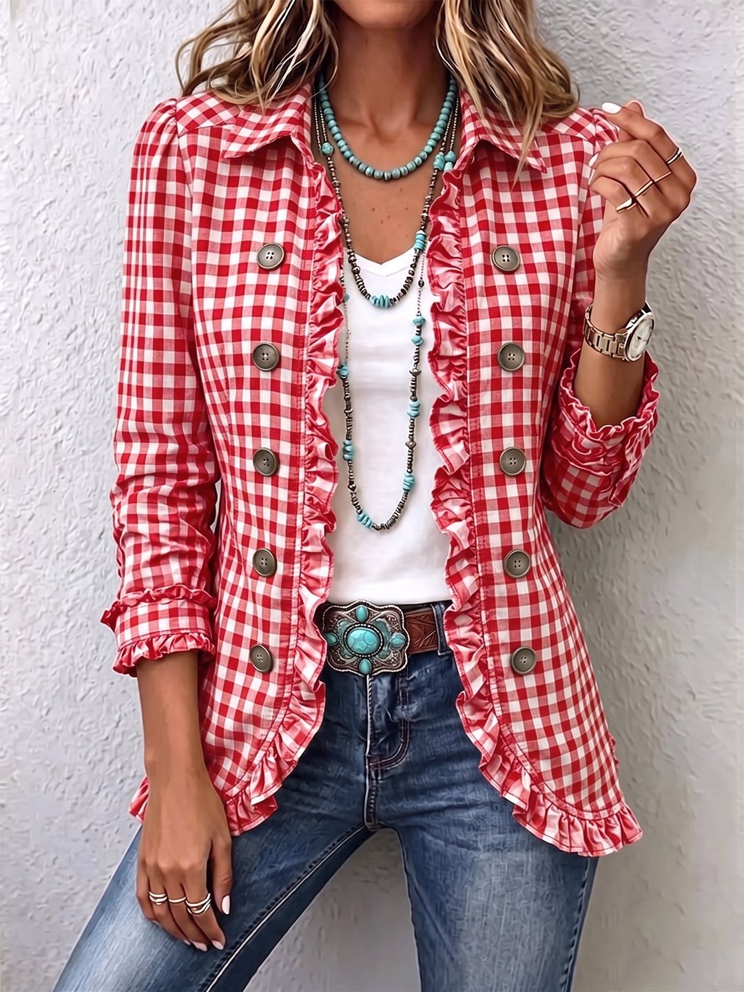 Régine | Veste gingham volantée boutonnée