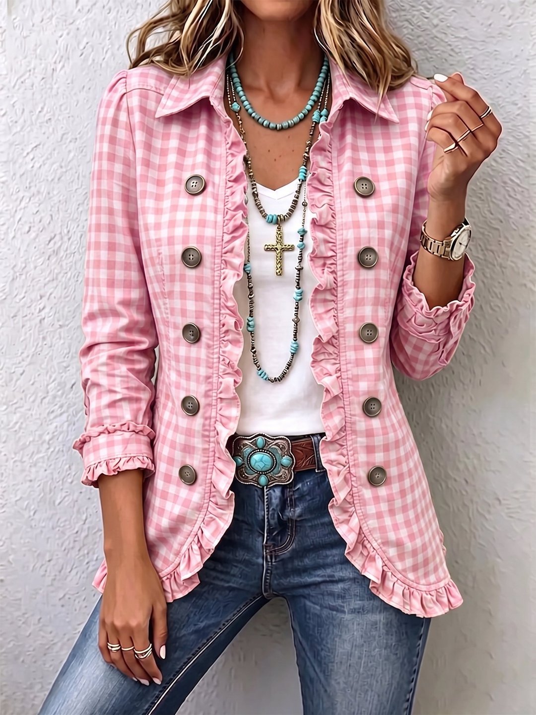 Régine | Veste gingham volantée boutonnée
